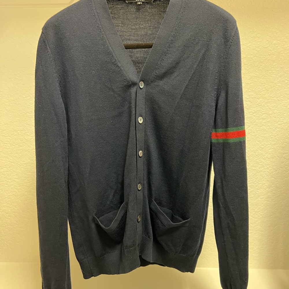 Gucci TOM FORD ERA Men's Navy Cardigan Sweater with Stripe Detail